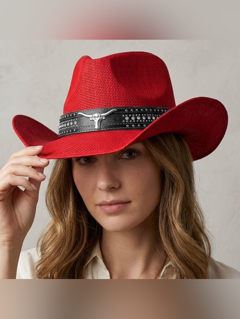 Red Women's Western Cowboy Hat with Studded Black Band